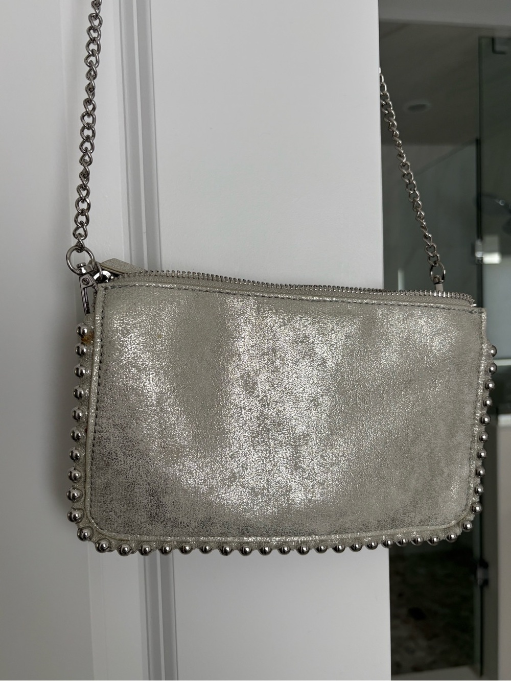 Zara Metallic Silver Stud-Trim Crossbody Bag - with Chain Shoulder Strap NWOT